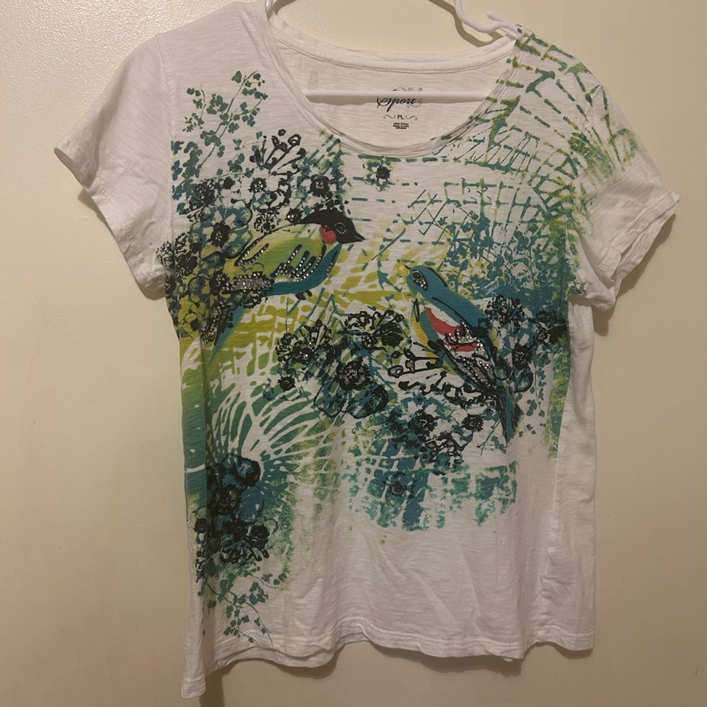 Style & Co. White Short Sleeve Tee Petite Large White   Bird Print Rhinestone